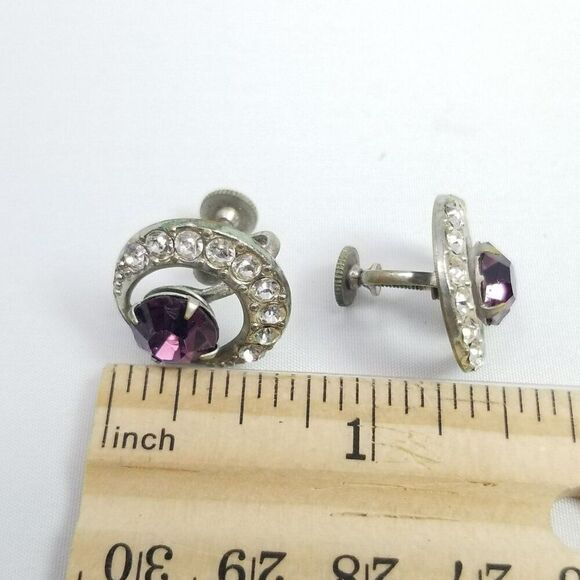 Vintage Crescent Moon / Eye Shape Clip On Earrings Purple Rhinestone Silver Tone - Picture 4 of 6